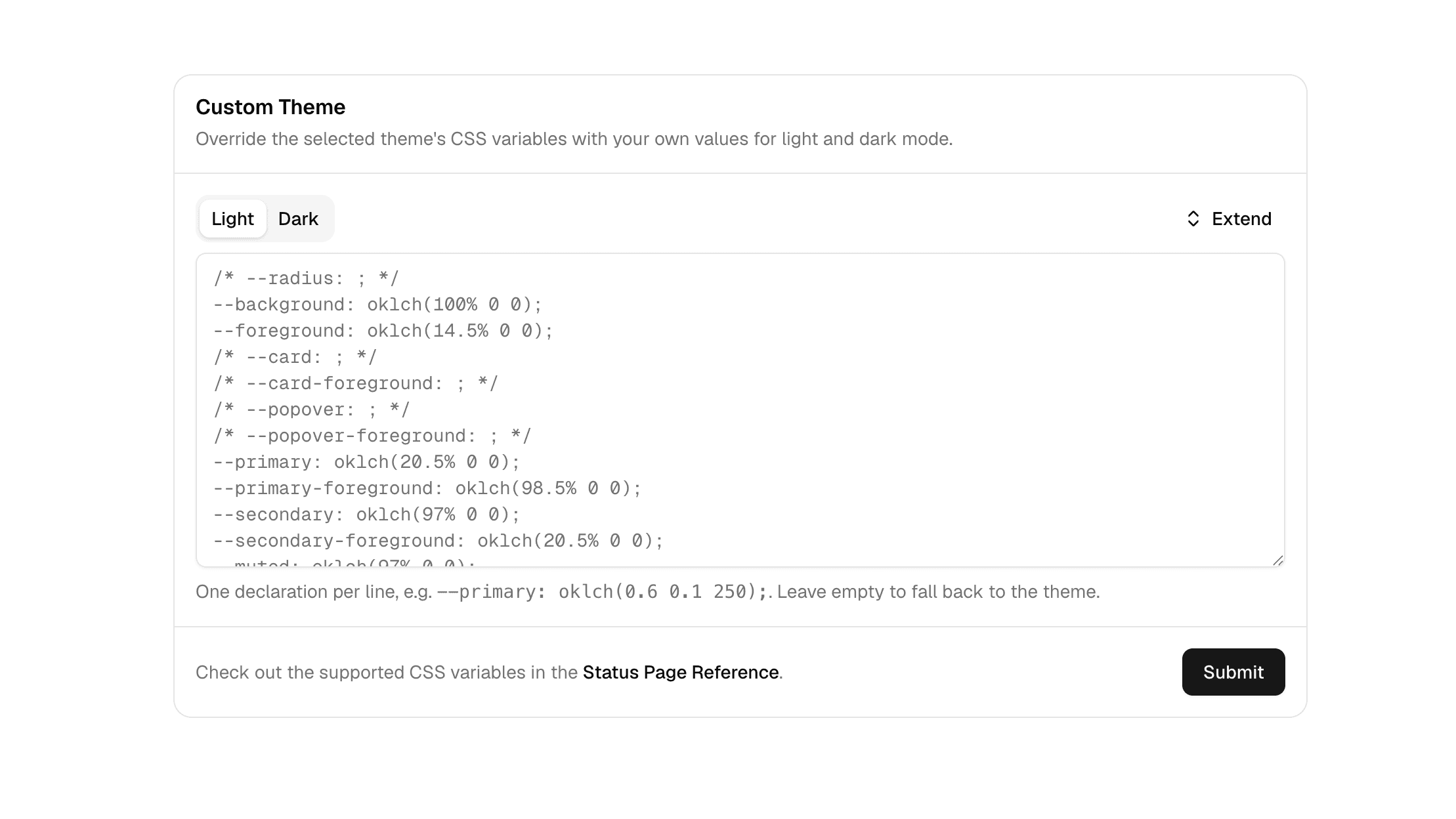 Custom theme for status pages