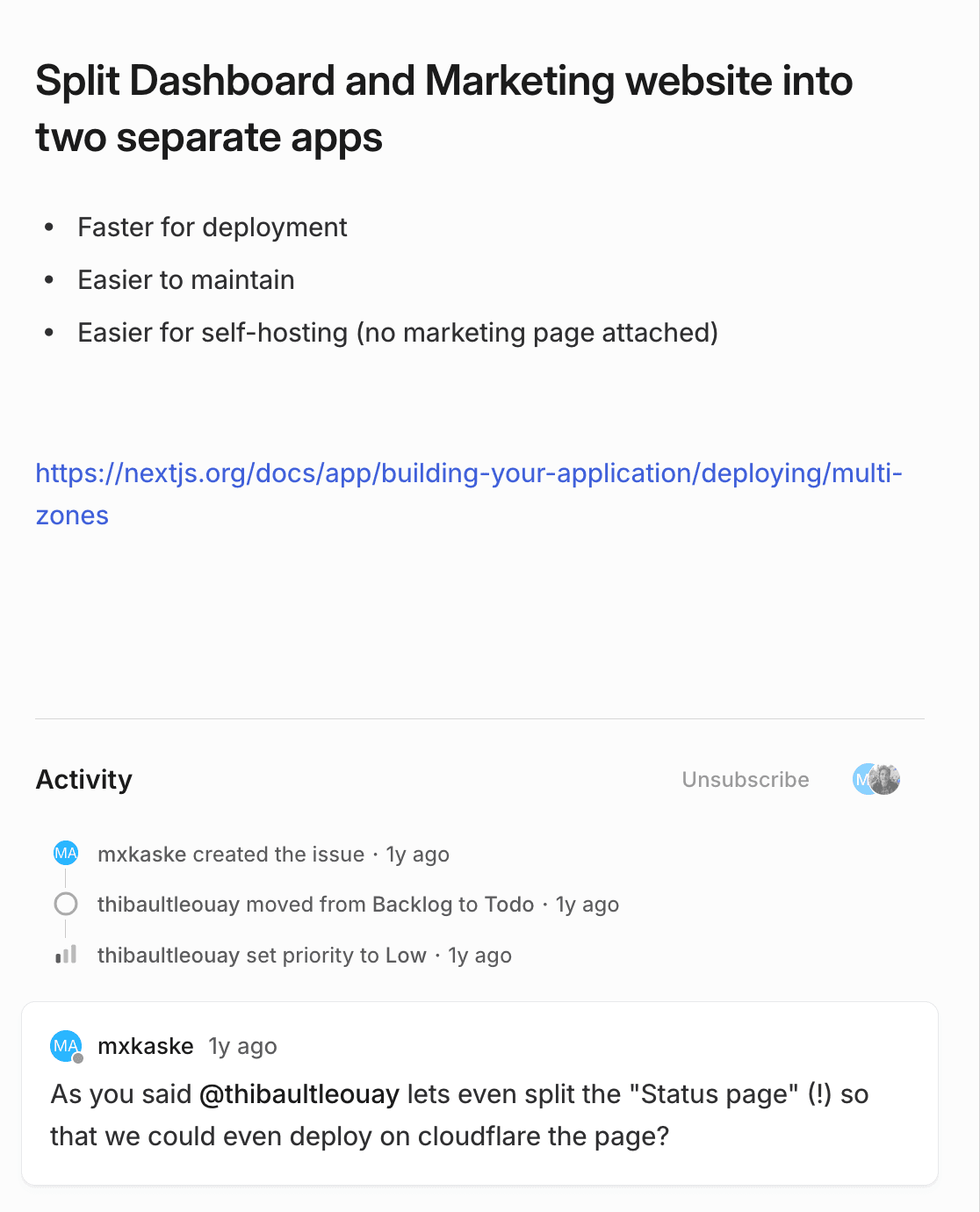 Linear issue created more than a year ago, splitting the apps into multiple apps