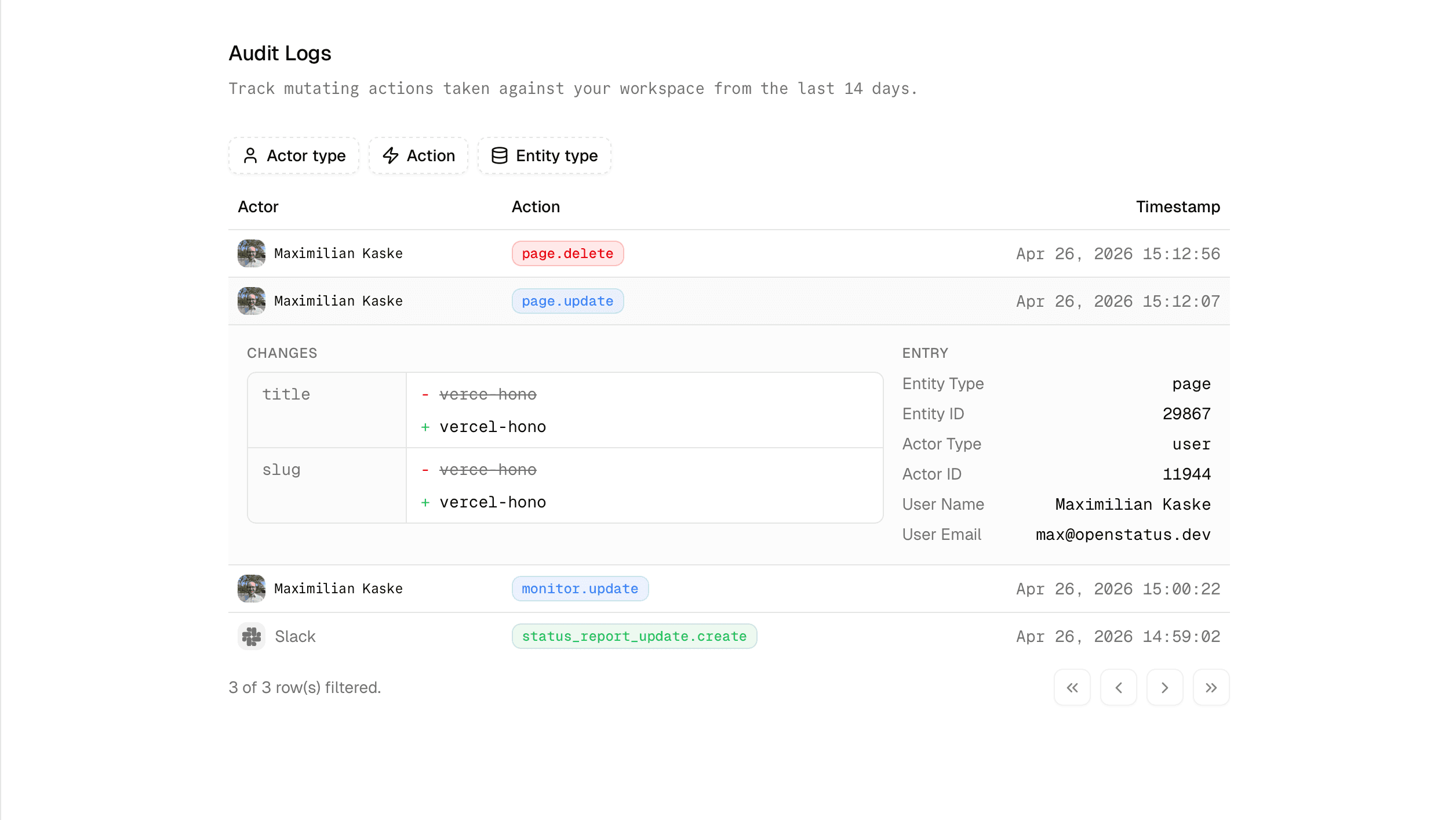 The audit log table view in the openstatus dashboard.