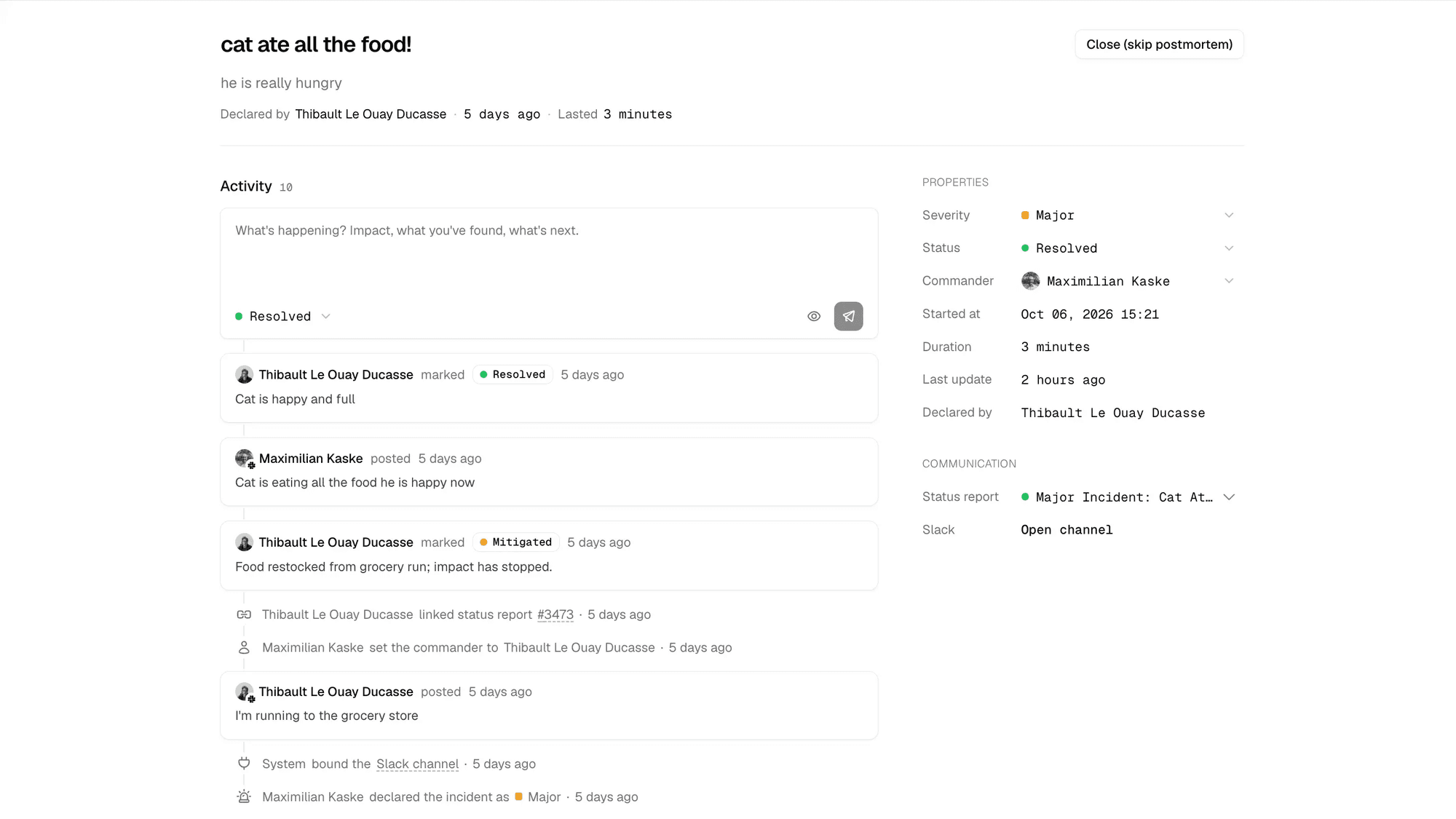 Incident detail page in the openstatus dashboard with the activity timeline, severity, status, commander, and linked status report
