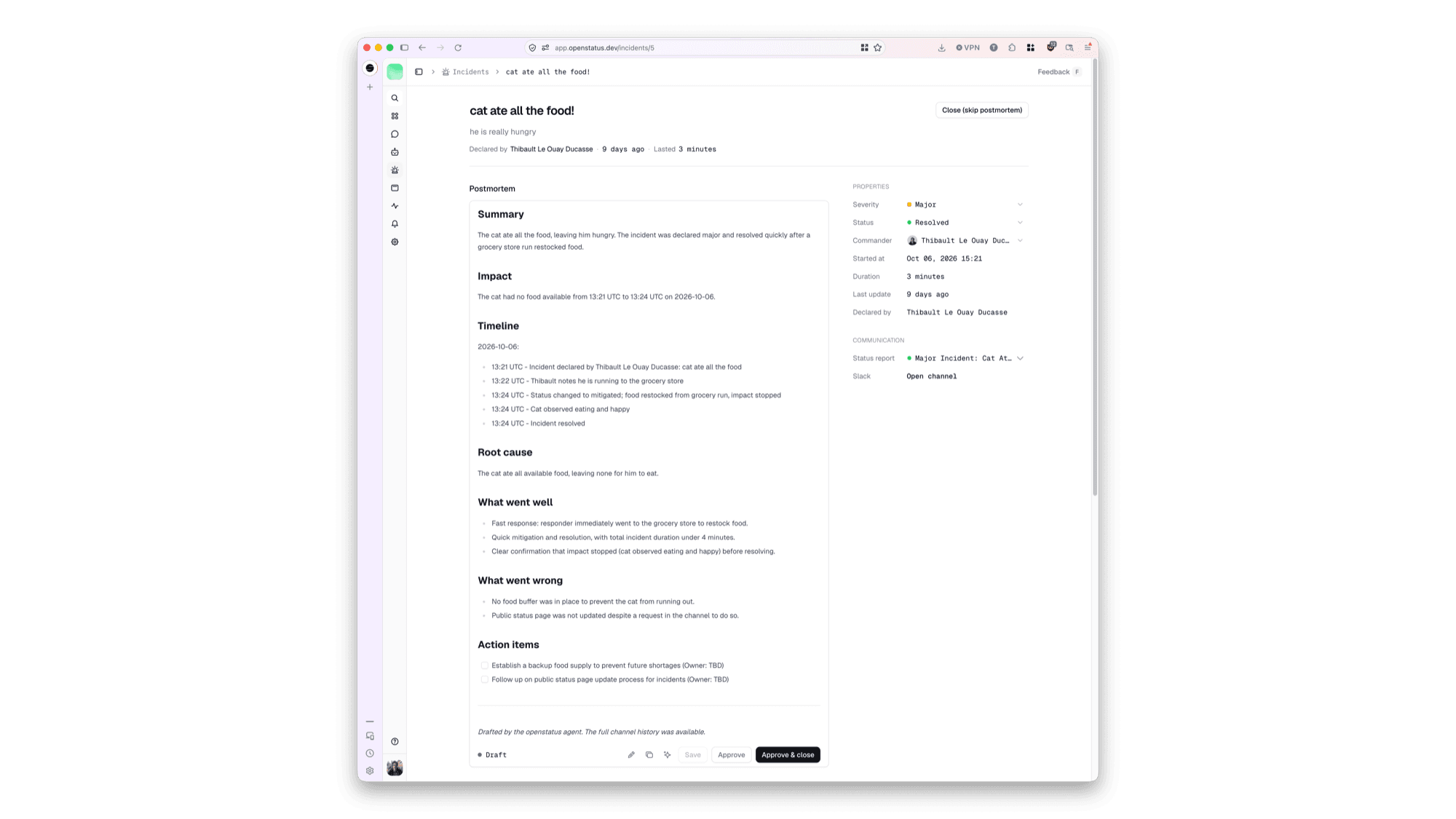 AI-drafted post-mortem in the openstatus dashboard with summary, impact, timeline, root cause, and action items, ready to approve
