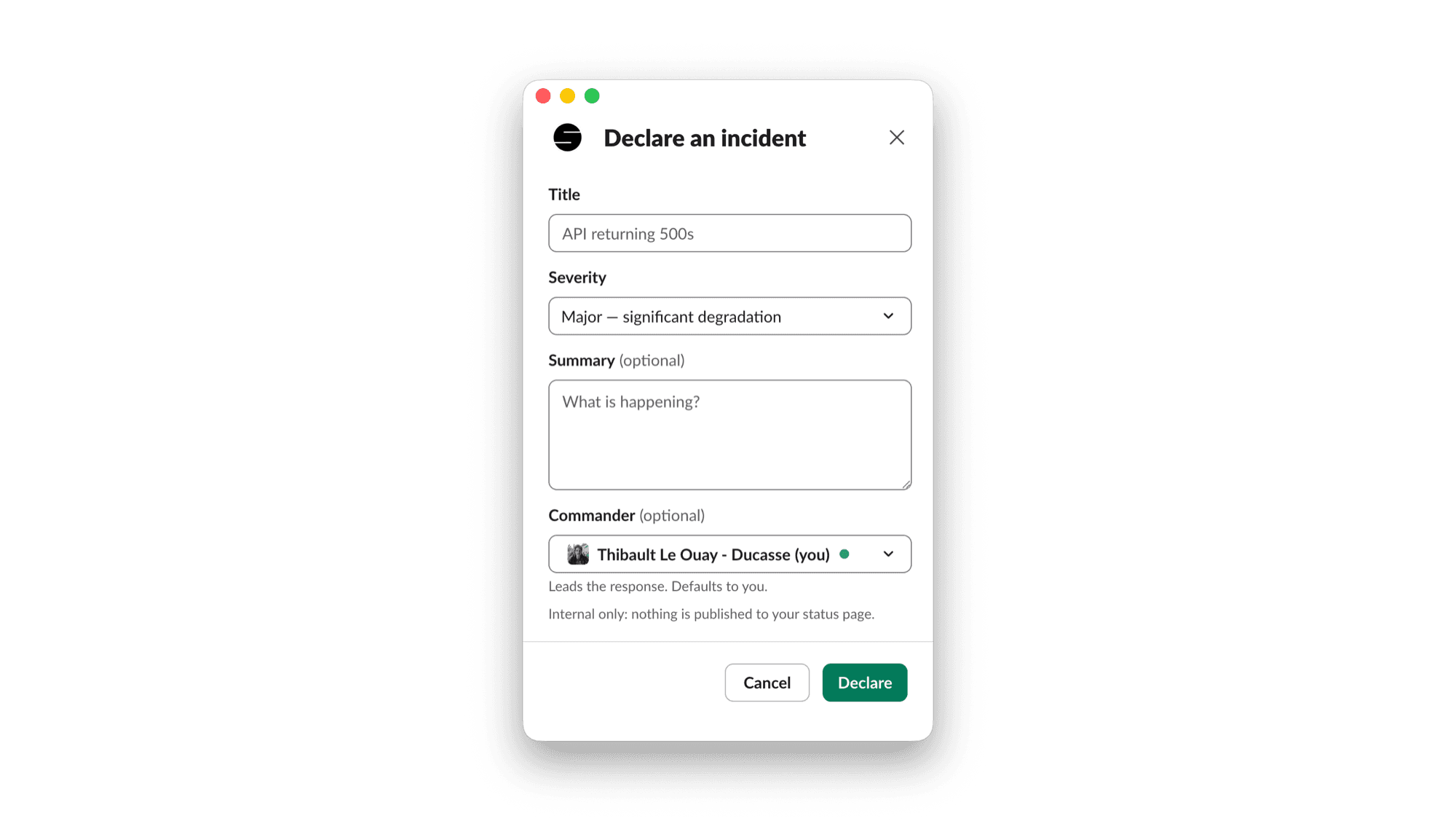 Slack 'Declare an incident' modal from openstatus with title, severity, summary, and commander fields