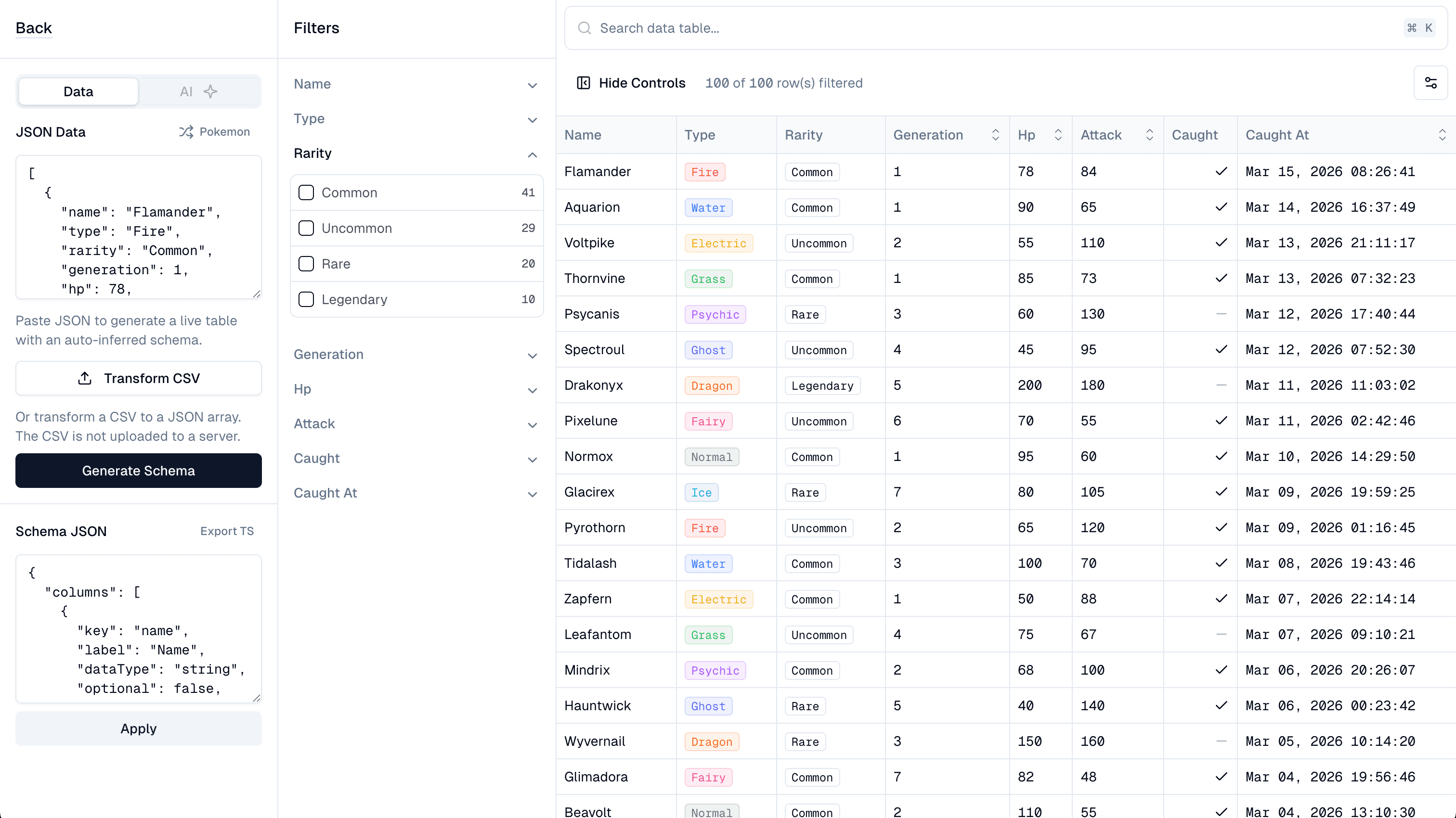 The schema builder: JSON on the left, live filterable table on the right.