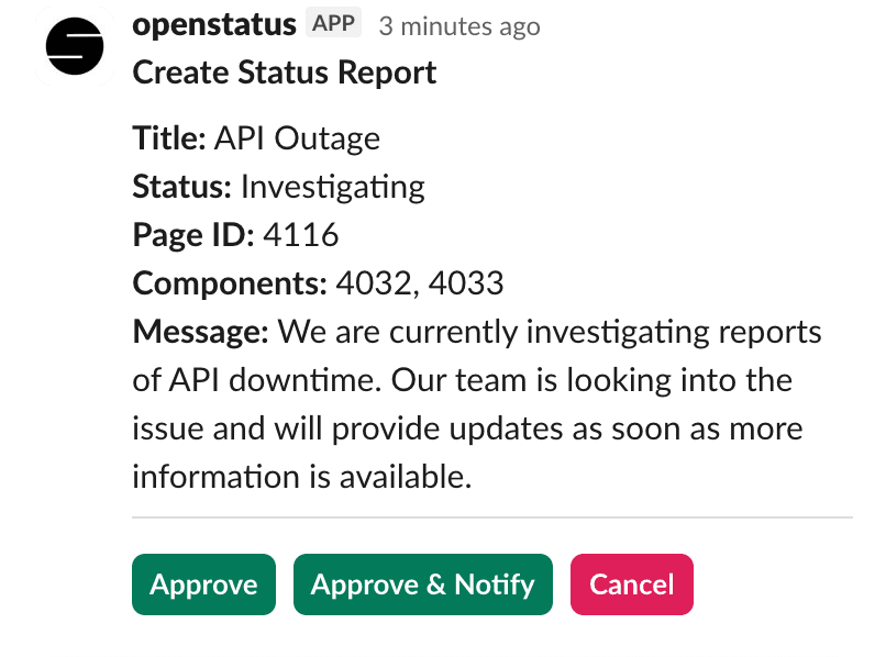 openstatus Slack Agent confirmation card