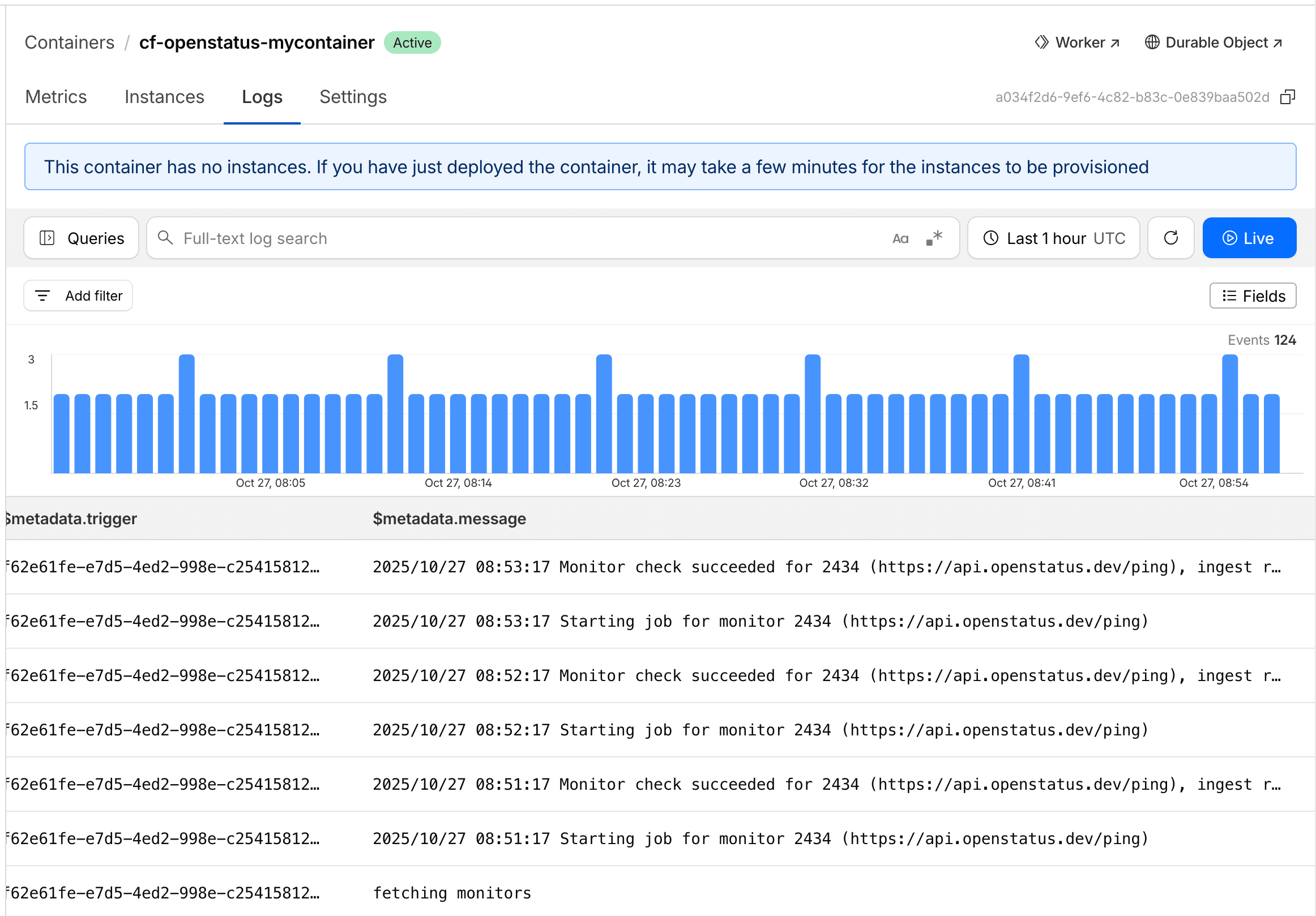 Cloudflare Workers Logs showing openstatus Private Location running