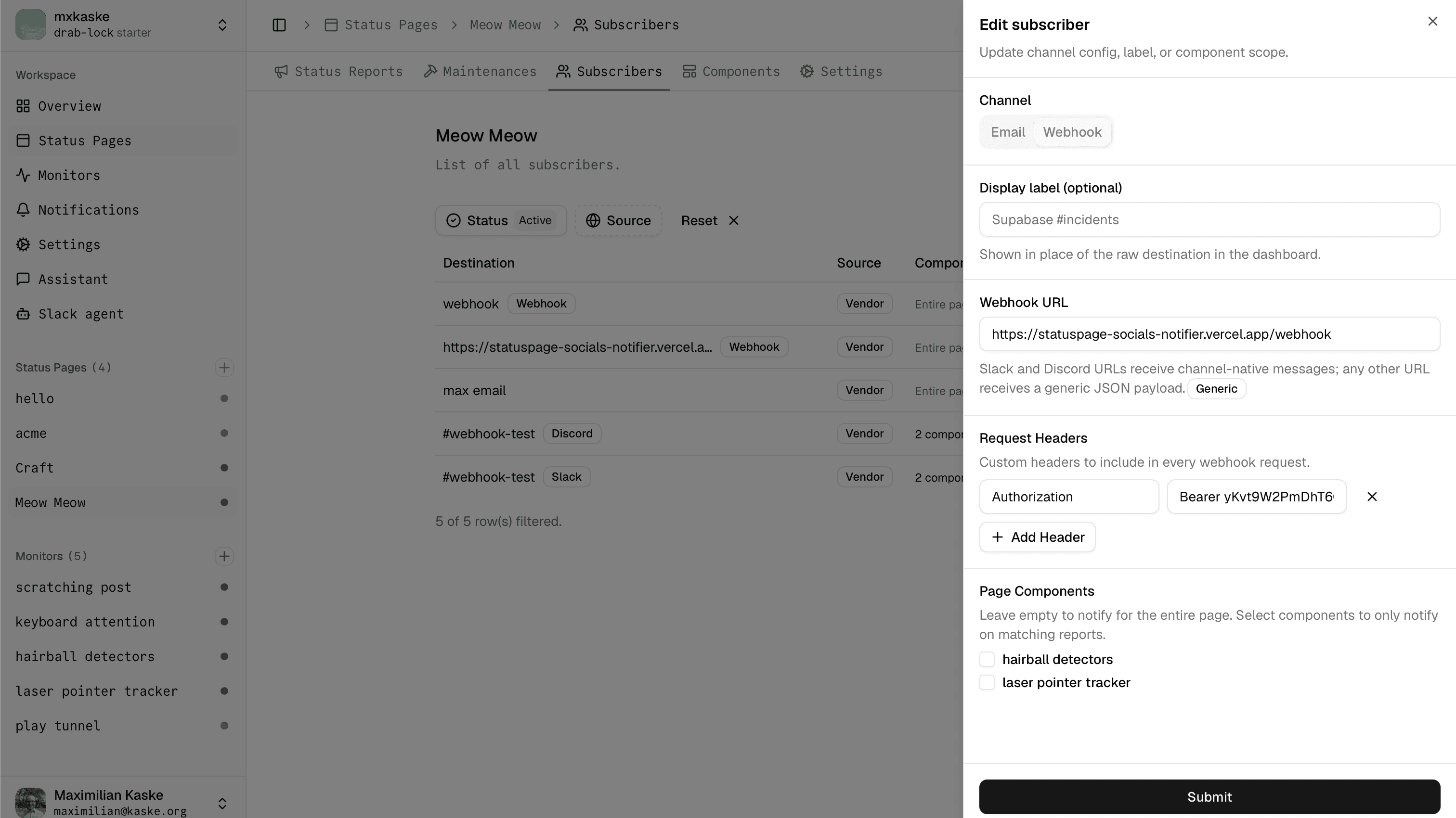 Adding a webhook subscriber with URL and Authorization header in openstatus