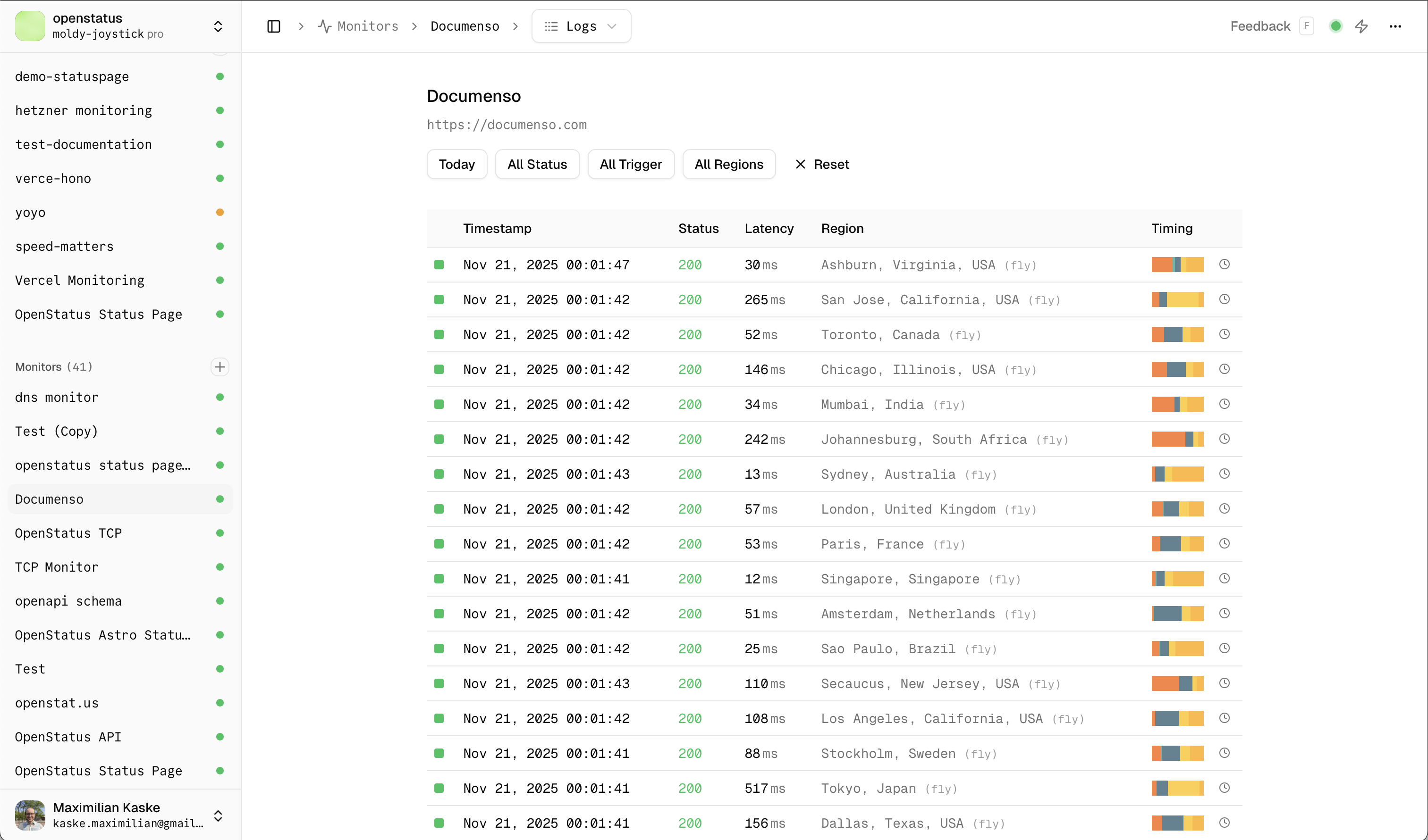 OpenStatus dashboard showing per-region response logs and latency timeline