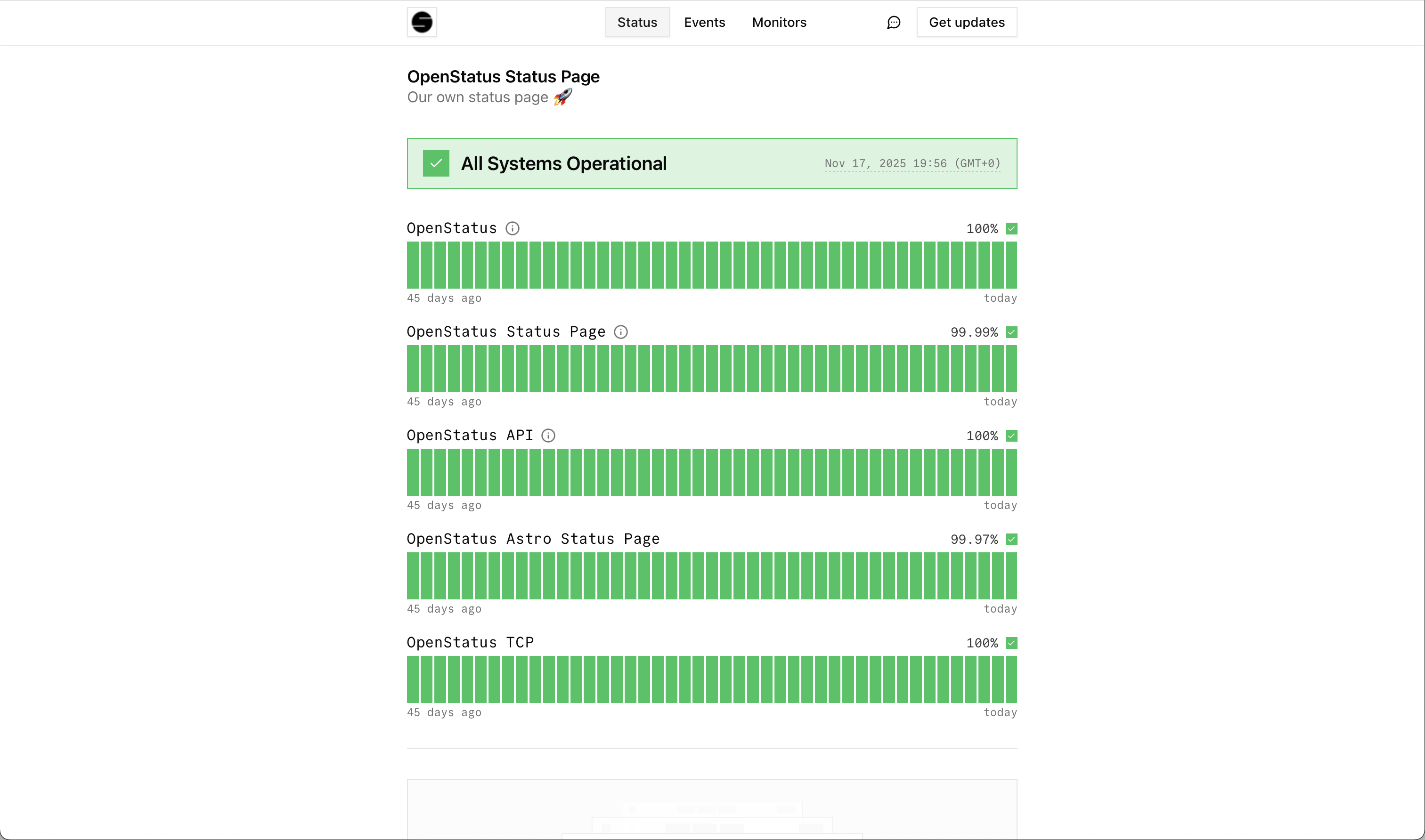 OpenStatus public status page with components, uptime tracker and incident history