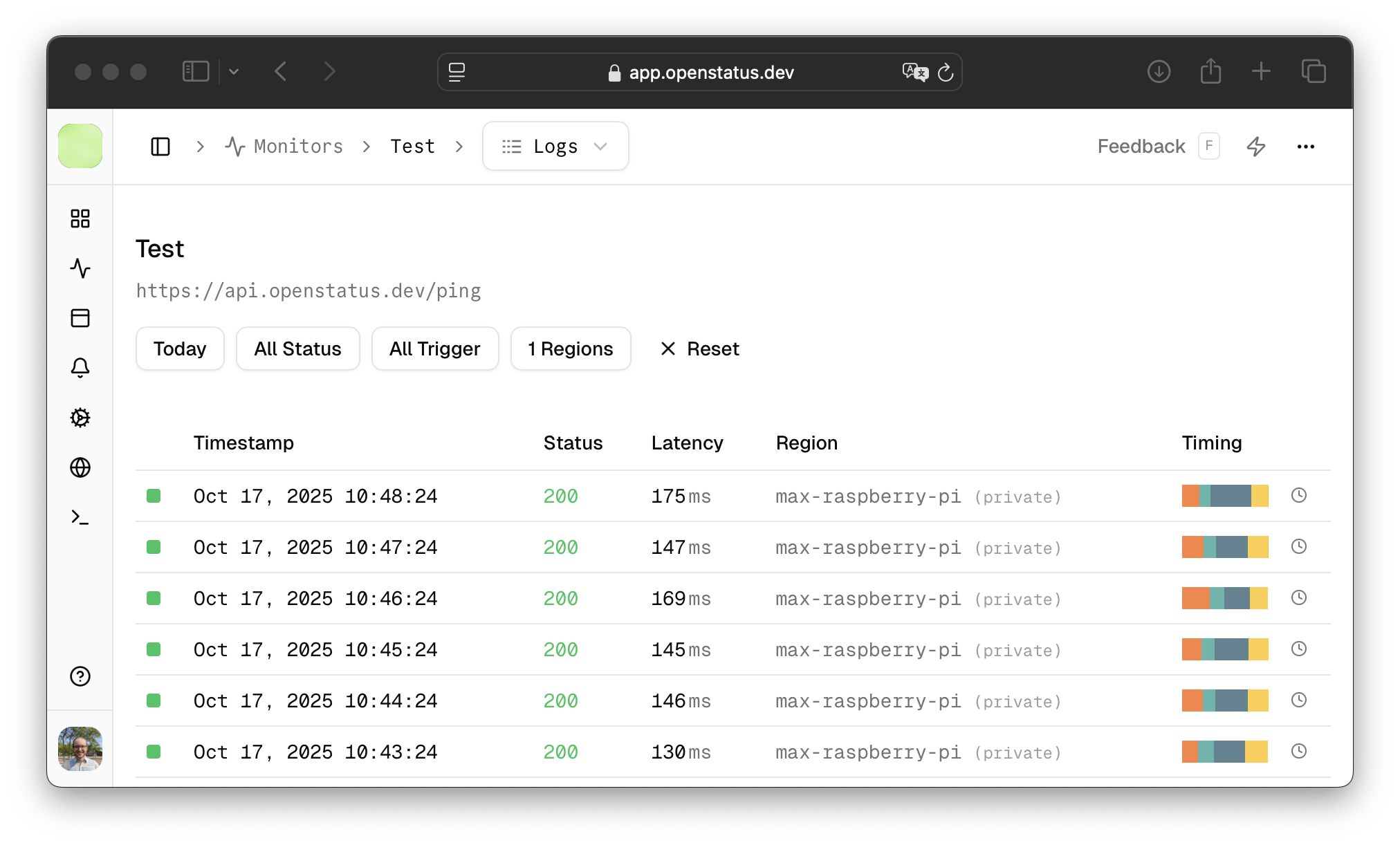 response logs in the openstatus dashboard